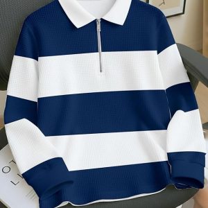 Mens Stylish Half Zip Tshirt, Texture Striped Casual T-Shirt for Men, Formal Collared Neck Full Sleeves T-Shirt for Boys